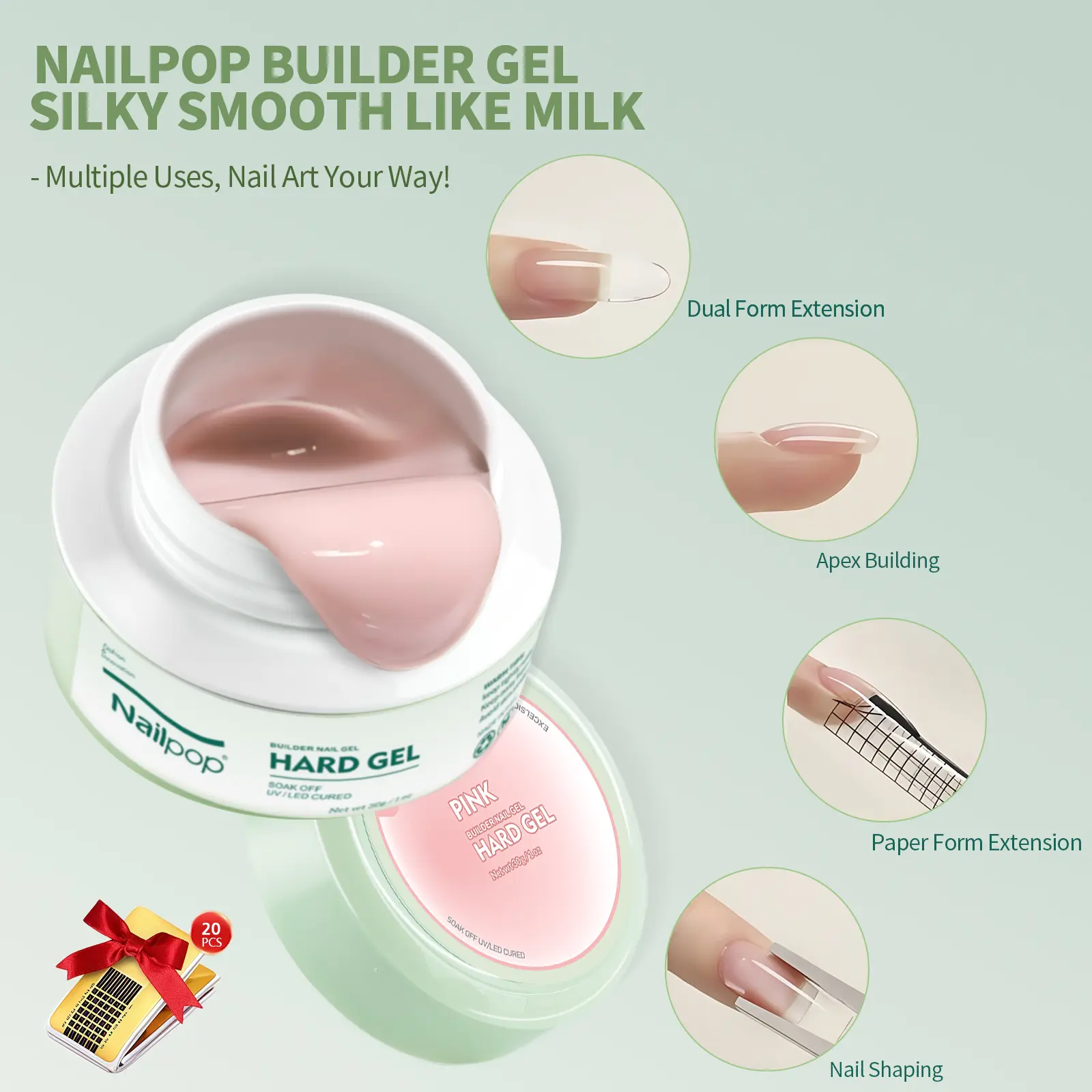30g Nailpop Builder Hard Gel - 5-in-1 Multi-Purpose Nail Art Gel for Salon & Home Use - Natural Milk Shades
