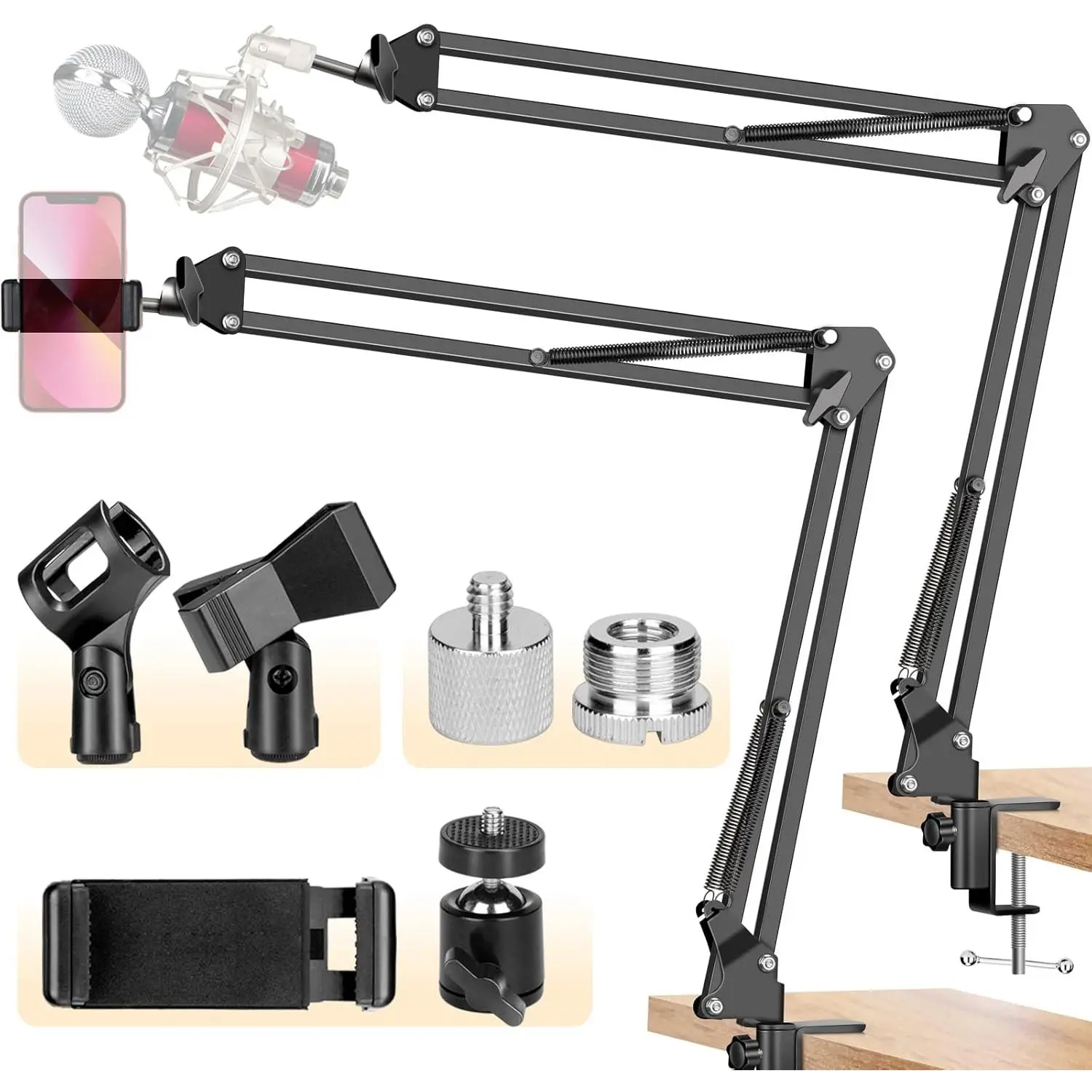 Boom Suspension Microphone Arm Stand CY0262-1 - 3/8" to 5/8" Screw Adapter, Mic Clip, Camera Holder, 1x3/8 to 1/4 Adapter, 1xDesk Clamp, 1xExtension Boom Arm, 1xPhone Holder for Blue Yeti Nano, Snowball Ice & Other Mics, 1 X 3/8 To 1/4 Adapter