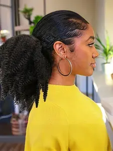 Belle Show 14 Inch Short Ponytail Extension, Afro Kinky Hair Drawstring Ponytail with Clips, Synthetic Afro Kinky Curl Pony Tails for Women