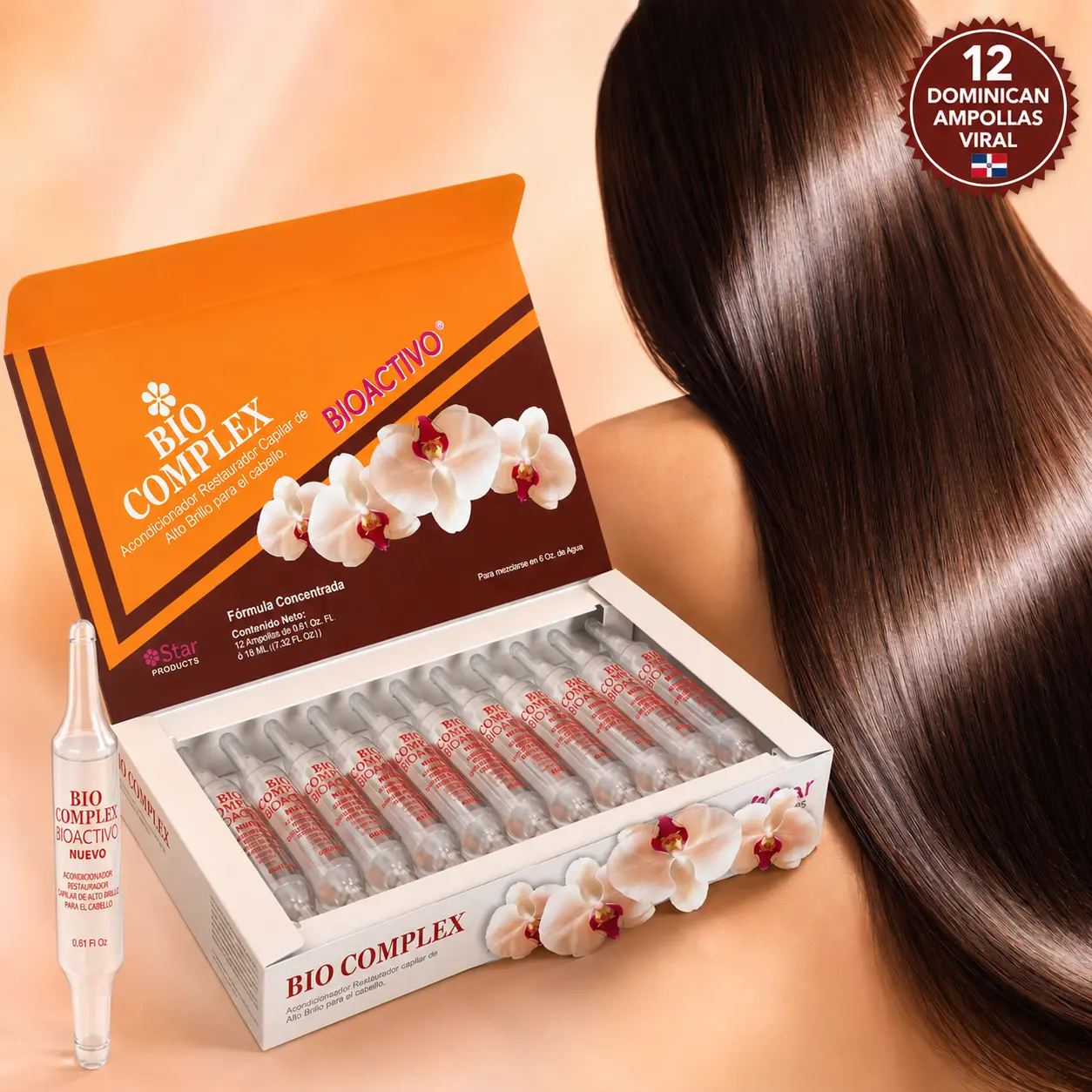 Bio Complex Bioactivo Dominican Liquid Hair Ampoules 12-Pack (0.61 fl oz) - Argan, Keratin, Biotin, Collagen, Castor Oil Leave-In Haircare Treatment - Restore Dry Damaged Locks, Frizz Control, Radiance, Protection for Curly & Natural Hair, Natural Curls,,