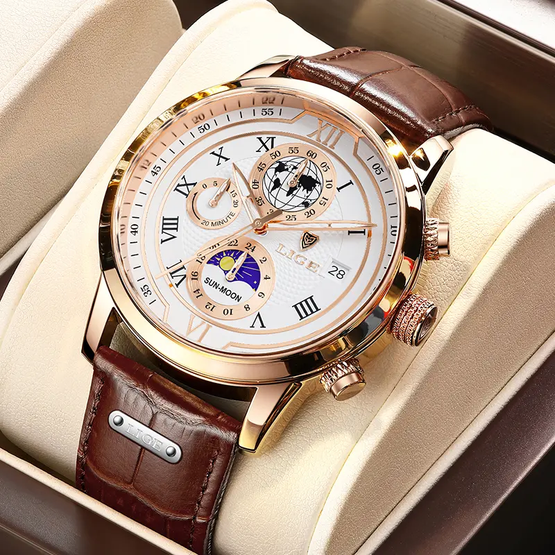 LIGE Men's Vintage PU Leather Alloy Quartz Watch - 43mm Elegant Round Dial, Roman Numerals, Moon Phase, Luminous Night Read Hands, Running Seconds, <30M Waterproof, Easy-to-Use Fashion Men's Watch, Analog, Buckle, Chic Fashion Men's Watches