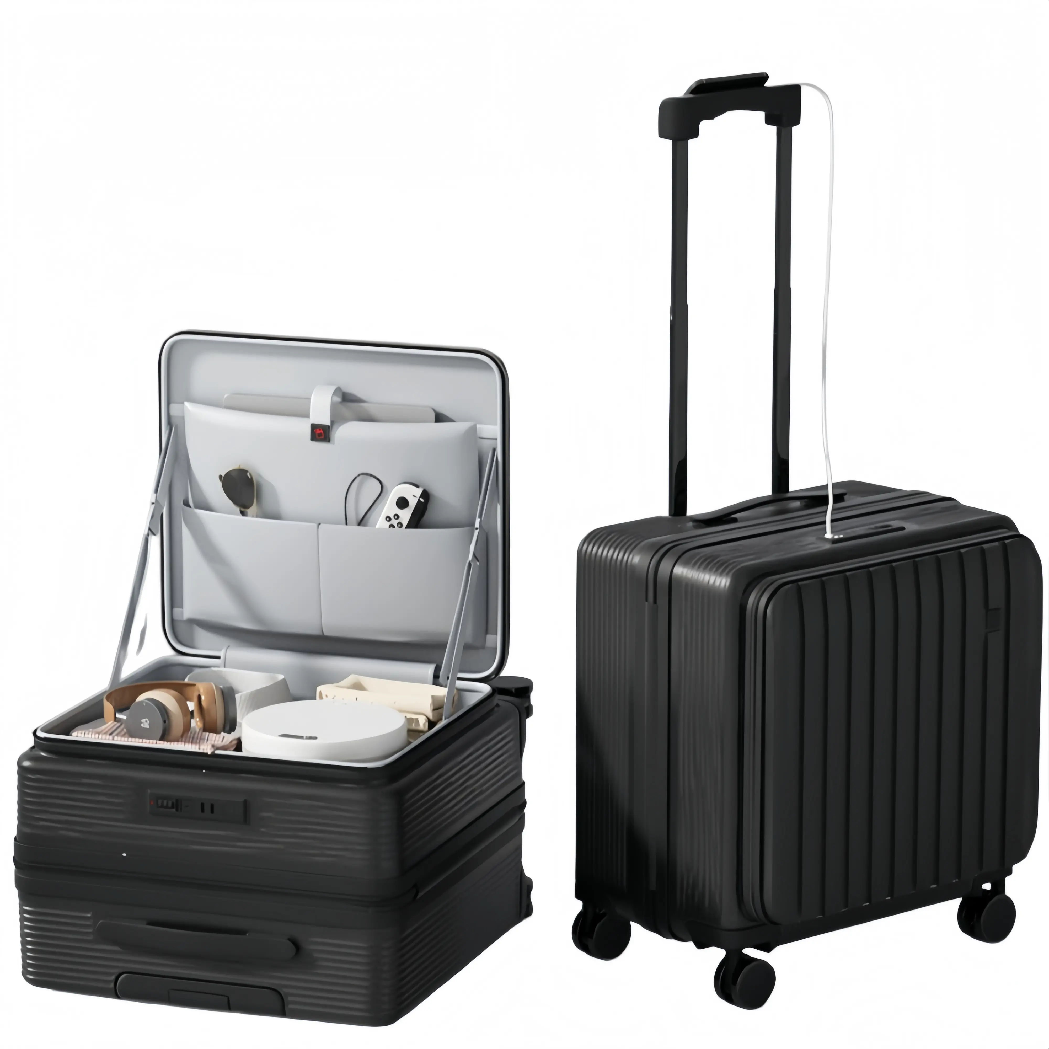 18-Inch Hard Shell Carry-On Suitcase, Front Open Plastic Body with Hands-Free Cup Holder, USB Port, TSA Lock & Spinner Wheels, Travel, Modern, Zipper, Luggage, Carry On Luggage, Advanced Protection Carry-On Luggage