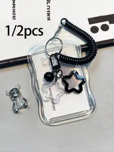 1pc Retractable Love Heart Card Holder Key,1 Durable Transparent Id & Card Wallet Set With Detachable Wipeable Sliding Cover, Key Ring & Detachable Lanyard/Pendant - Heavy-Duty Clear Card Case With Id Window & Card Slots For School, Office, Events