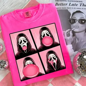 Comfort Colors Ghostface Pink Bubble Gum Shirt, Funny Halloween Graphic Tee, Spooky Horror Movie T-Shirt, Trendy Fall Aesthetic Apparel