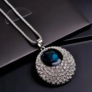 Women's Stylish Round Sweater Chain - Blue Eye Design Pendant, Easy Long Versatile Accessory, Bling, Blue Charm, Decorative Rhinestones, Chain Jewelry, Bling Necklaces, Blue Charm Necklaces