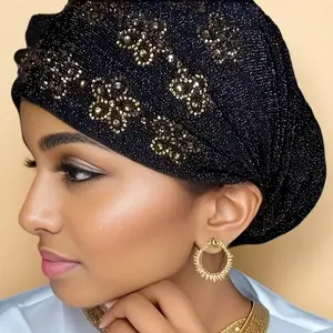Women's Black Glitter Turban with Floral Rhinestone, Pre-Tied Stretchy Head Wrap for Ramadan, Ceremony, Birthday & Eid Parties
