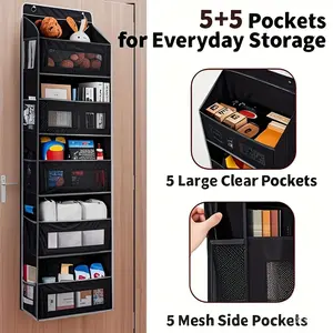 5-layer hanging door storage rack with 5 large capacity pockets, 2 hook designs, hanging storage rack with transparent windows, suitable for bathrooms, bedrooms, daycare centers, kitchens organizer pantry
