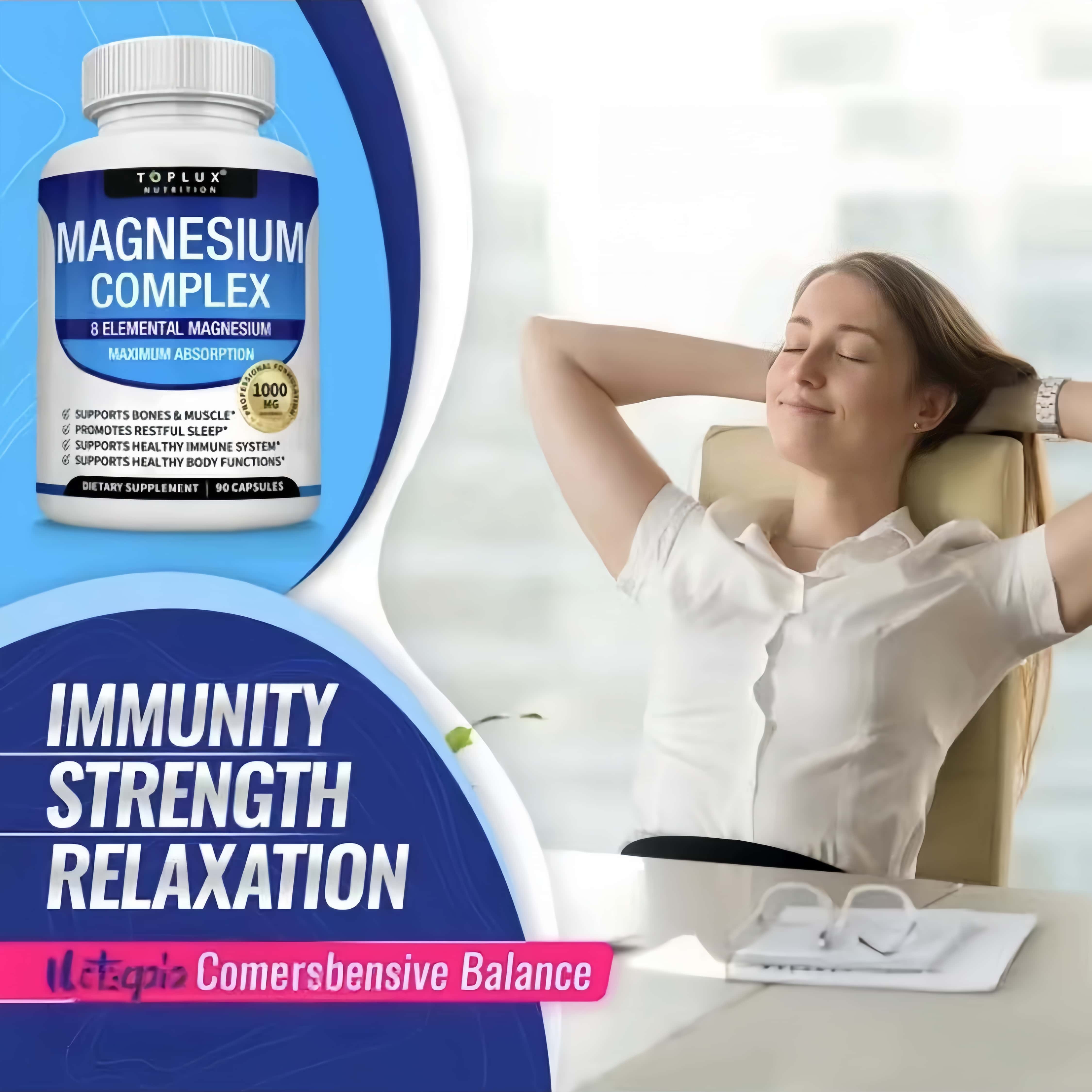 Organic Natural Magnesium Complex 1000 mg,90 Capsules Made from 8 Elements MagnesiumSupplement Fitness Edible Health Diet BrainEnhancement Vitamin Mineral SupplementHealthcare Dietary Bathroom