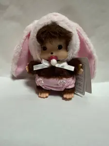 Monchhichi in Bunny Hood Soft Pink Doll Pants Keychain Fluffy Charm for Rabbit Lovers Adorable Collectible