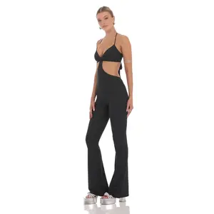 Shimmer Ribbed Cutout Jumpsuit in Black