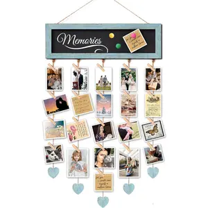 Picture Frames Collage Display Board with 30 Clips - Multi Photos Cards Organizer with Adjustable Twines and Magnetic Blackboard - DIY Wall Decor Hanging Picture Holder 15.7x5 Inches