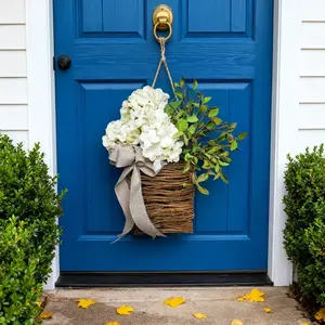 1PC Spring Flower Basket – Faux Woven Basket featuring Cream-Colored Hydrangeas – 14-Inch Door-Hanging Decorative Floral Wreath – Artificial Spring/Summer Door Décor – Suitable for Front Doors, Porches, Gardens, and Both Indoor & Outdoor Use