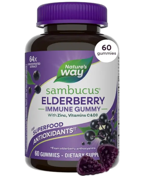 Nature's Way Sambucus Elderberry Gummies, Immune Support Gummy for Adults & Kids Ages 4+ with Black Elderberry Extract, Vitamin C, Vitamin D3, and Zinc*, 60 Gummies