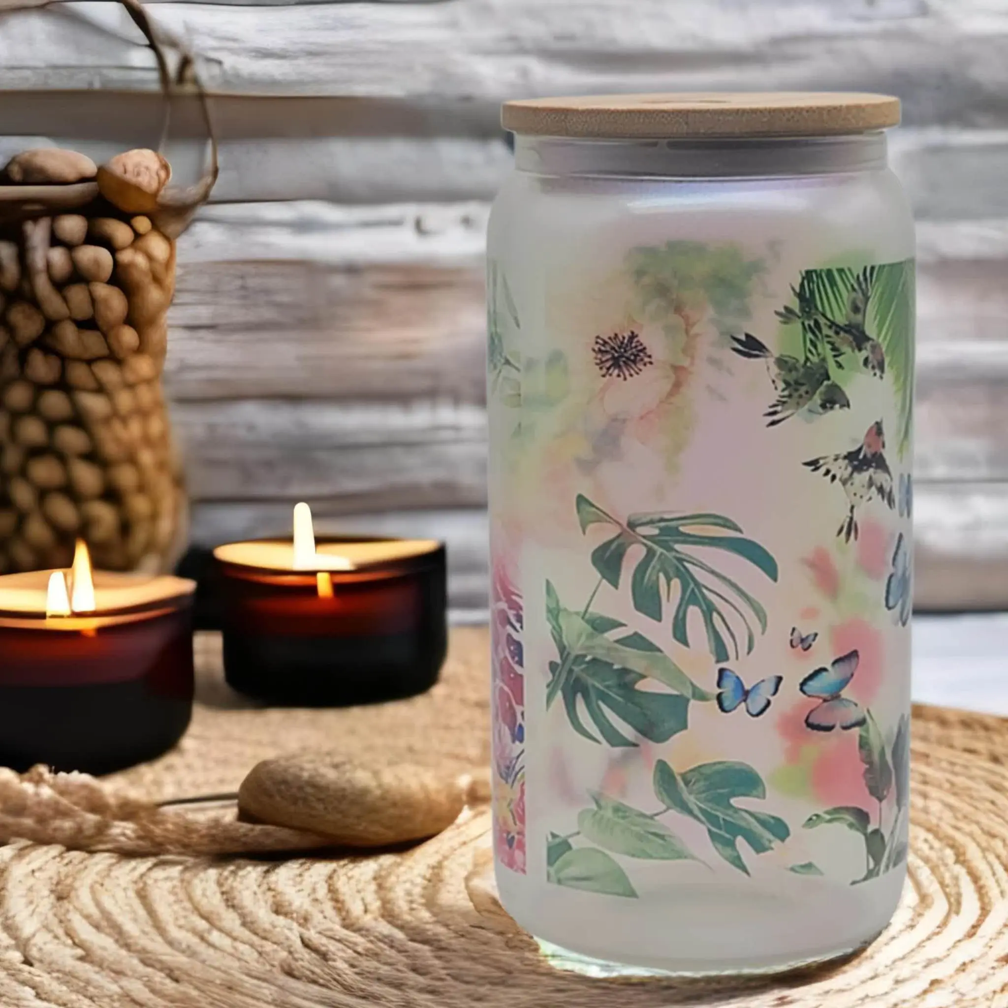 Floral Mostera Beer Can glass | Boho Coffee Glass | 16 oz Libbey Cup Drinkware