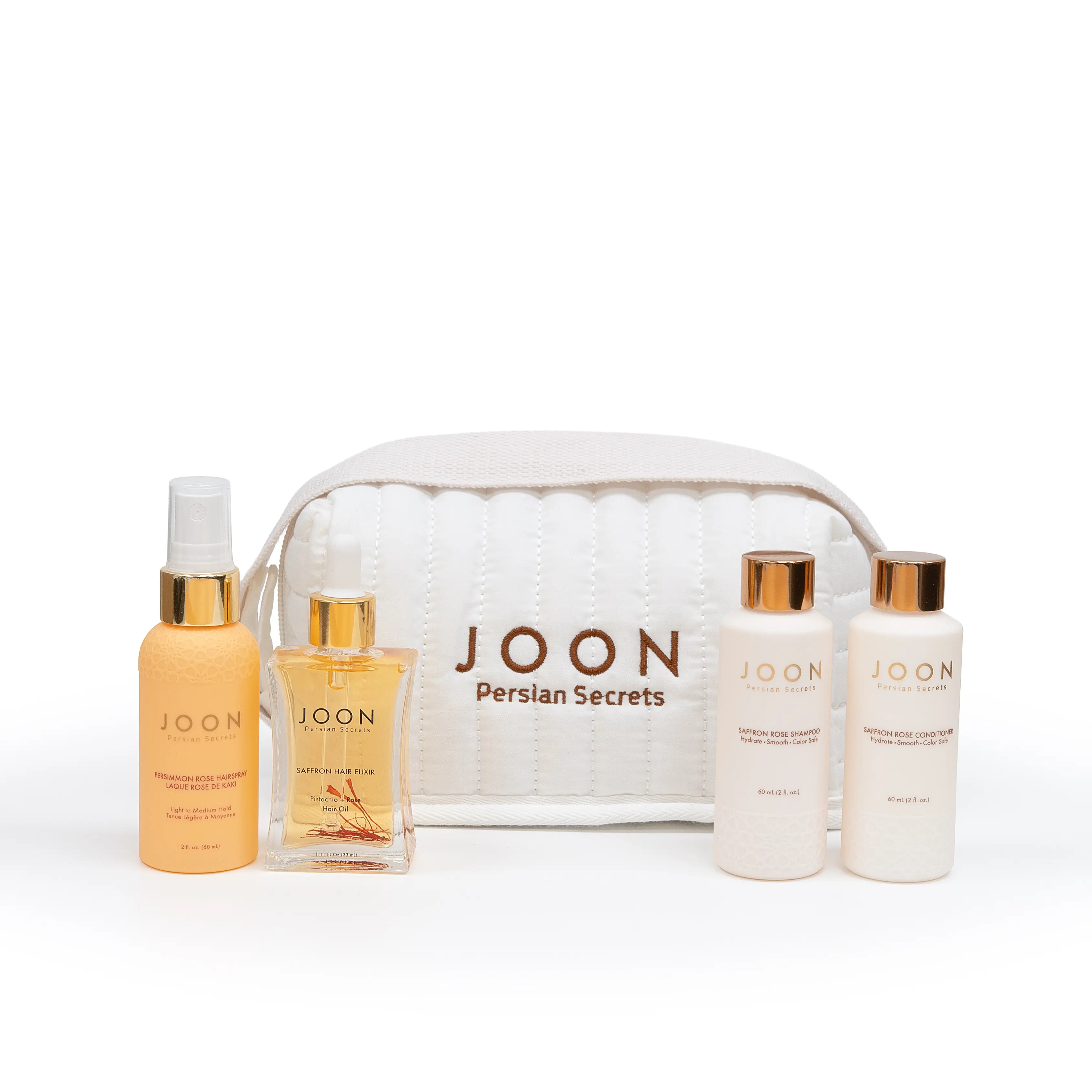 JOON Saffron Rose Haircare Travel Kit, 4-Piece Set for Shine & Smoothing with Shampoo, Conditioner, Elixir, Hairspray & Cosmetic Bag, Restore, Traditional, Frizz, Nourishing Shampoo, Keratin