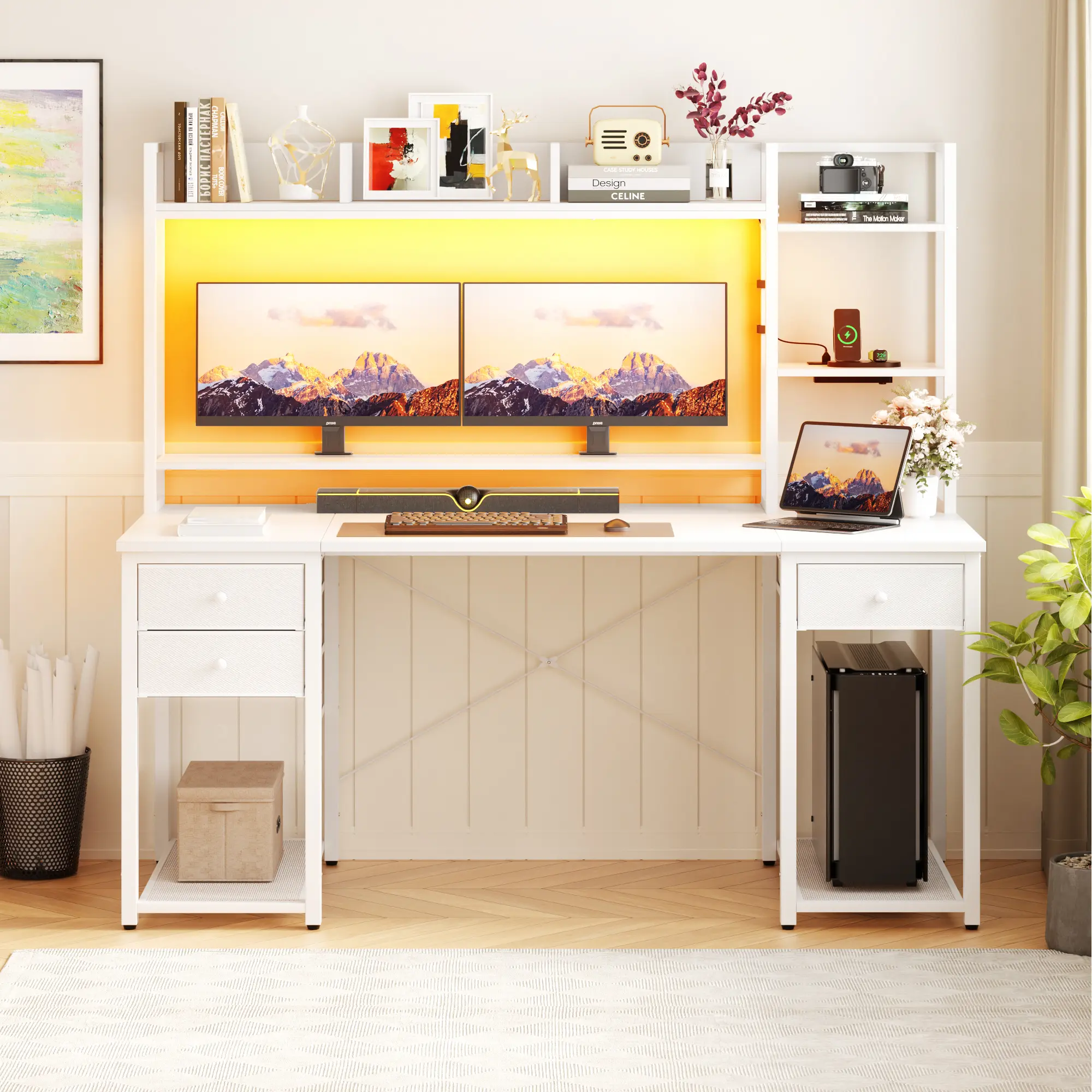 Gaming Desk with Hutch, 47.2'' and 55.2'' Computer Desk with Drawers, Reversible Office Desk with Storage Bookshelf Large Workstation Desk with Shelf