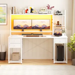 Gaming Desk with Hutch, 47.2'' and 55.2'' Computer Desk with Drawers, Reversible Office Desk with Storage Bookshelf Large Workstation Desk with Shelf