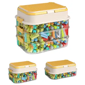 Stackable Toy Storage Organizer Box, Kids Toy Chests with Compatible Building Baseplate and Lid, Container for Building Bricks