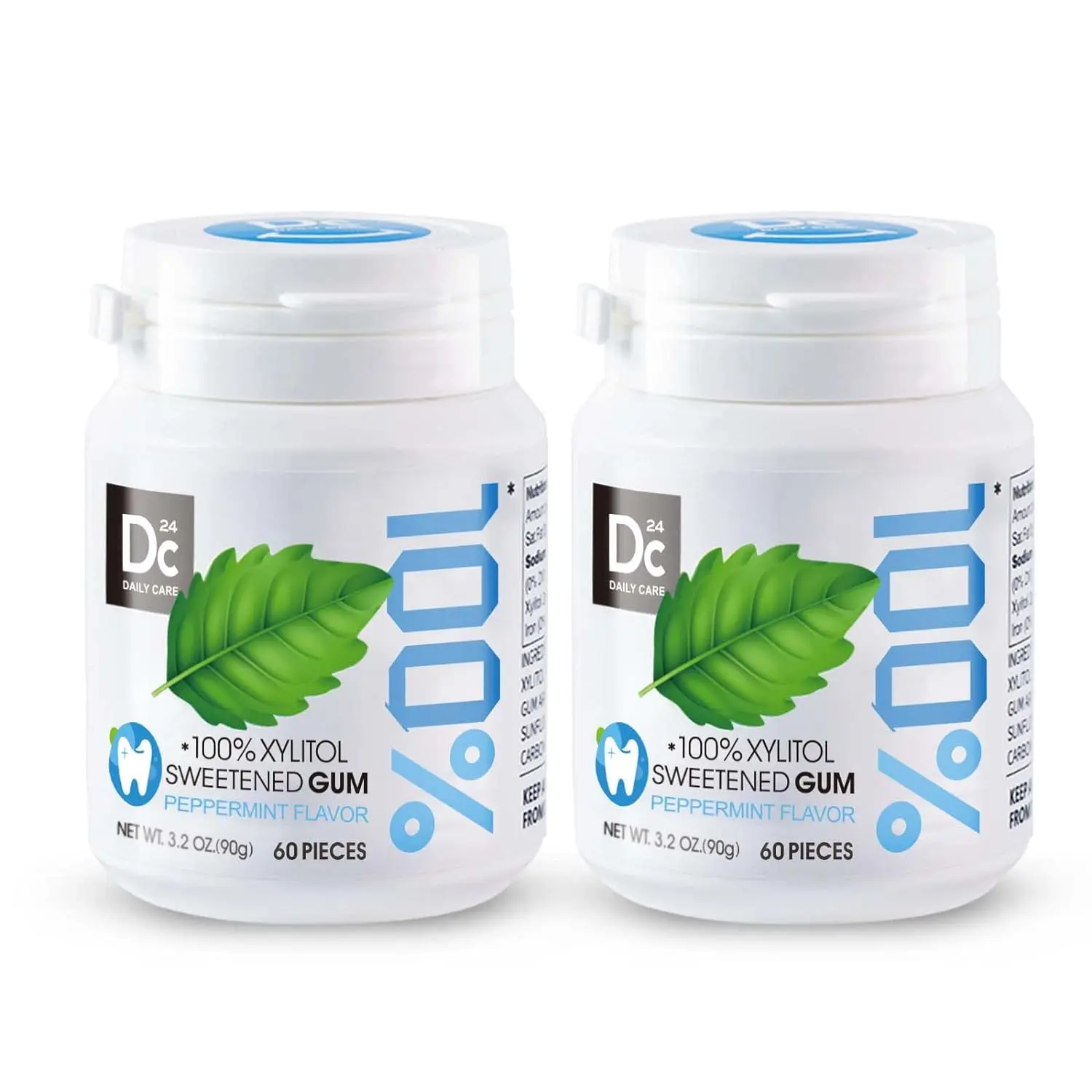 DC24 DAILY CARE 100% Xylitol Chewing Gum, Low Calorie, Sugar Free Peppermint Flavor, No Aspartame, Natural Flavors, Gluten Free, Vegan, 60 Pieces per Pack, Pack of 2, Chewinggum