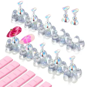 Makartt Press on Nail Stand: Magnetic Nail Holder for Painting Nails DIY Pink for Art Display Practice, Pink Glitter Flower Fake Holder for Home Salon with Reusable Adhesive Putty