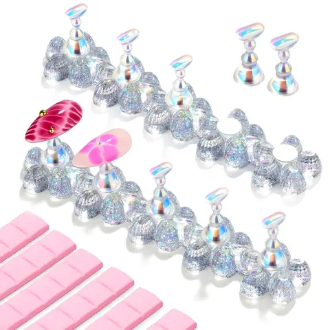 Makartt 10-Piece Cute Magnetic Press-On Nail Stand Nail Art Tool - Wobble-Free Base, Easy Setup, Reusable Adhesive Putty, Pink Glitter Flower Holder, Steady Grip, Easy Display, Great for Salon & Home Use