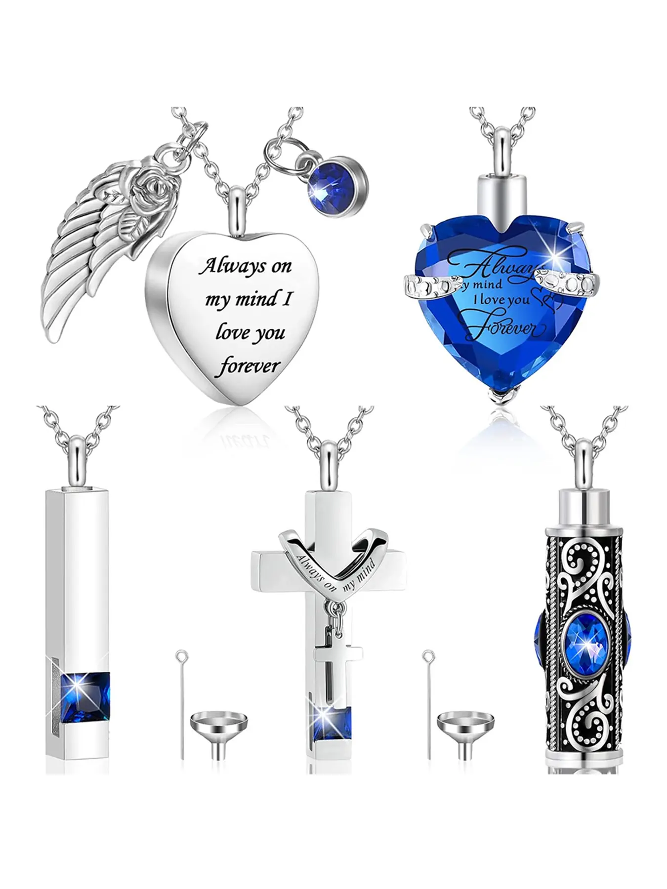 5 Pcs Ashes Urn Necklace, Sentimental Necklaces, Elegant Stainless Steel Memorial Locket, Heart & Wing Design, Keepsake Jewelry for Women & Men, Heart Shaped Pendant
