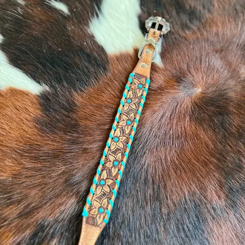 Genuine leather dog collar with teal rawhide