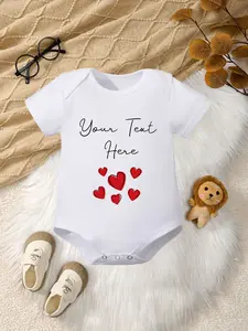 Personalized Custom Text Baby Bodysuit, Infant Short Sleeve Cotton Romper with Red Hearts