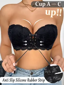 Add Two Cups ,Women's Wireless Sexy Lace Push-Up Bra, Anti-Sag Support,Adjustable Strapless Bandeau bra, Comfortable Breathable, Fashion Bra for Off-shoulder Dresses,Daily Wear, Dates,Bridal, Evening Gowns