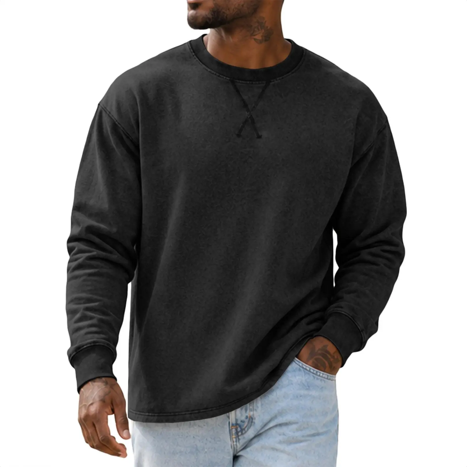 JMIERR Men's Cotton Acid Washed Long Sleeve Crewneck Pullover | 100% Cotton, Vintage Wash, Crewneck Pullover, Relaxed Fit, Straight Hem, Soft Midweight Feel, Fall Winter Casual Shirts