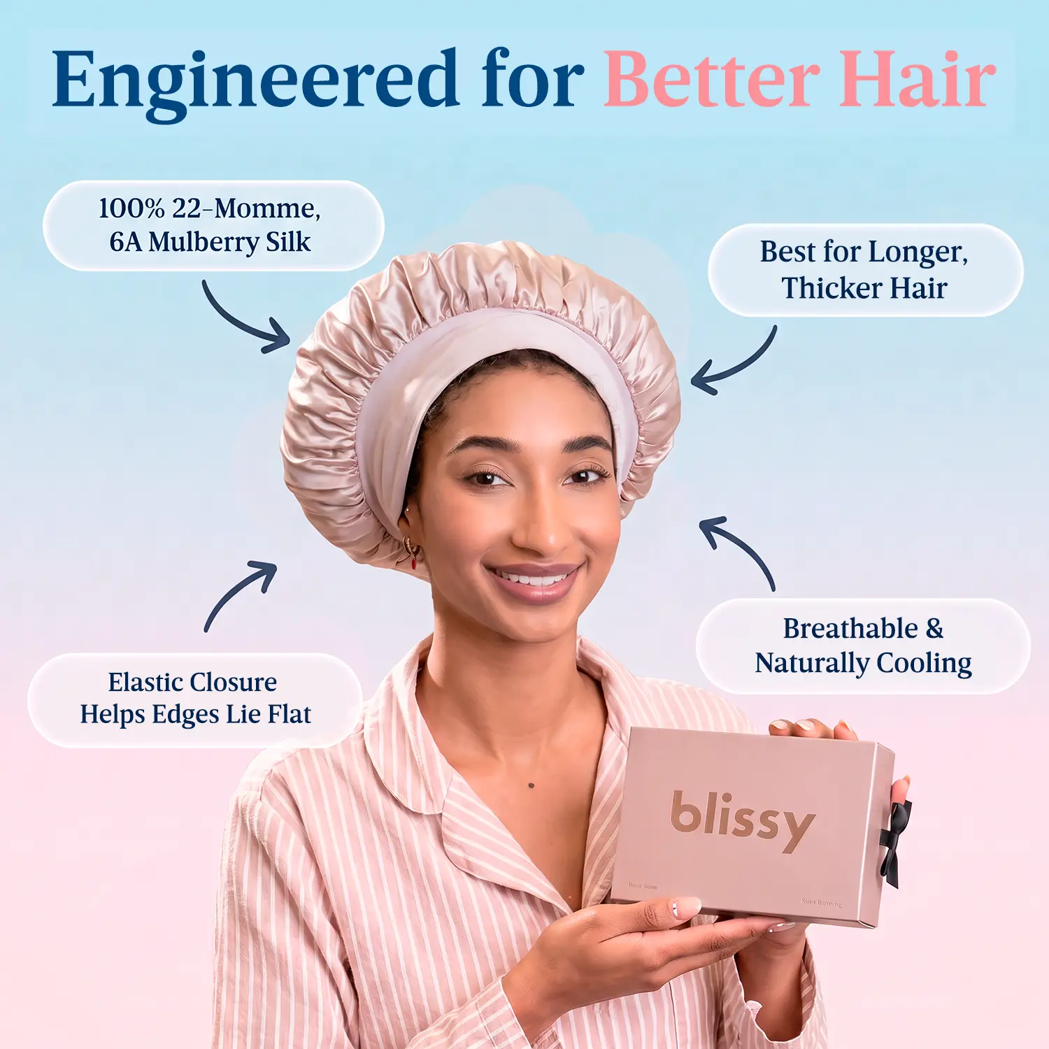 Blissy Silk Halo Bonnet – 100% Mulberry Silk – Anti-Frizz Hair Protection – Extends Blowouts