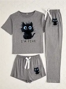 Women's Cartoon Cat Print Sleepwear Set, Casual Fitted Three-Piece Pajamas, Pajama Shorts, Animal Pattern, All Seasons Comfort