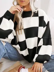 Women's Loose Fit Colorblock Sweater, Vintage Plaid Knit Pullover, Fall Winter Casual Round Neck Top, Elegant Patchwork Design, Womenswear