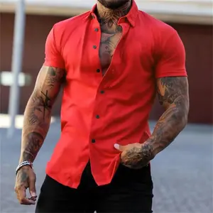Short sleeved lapel shirt elastic thin solid color sports casual cardigan business no iron oversized xs-4xl Menswear Top Beige Plain