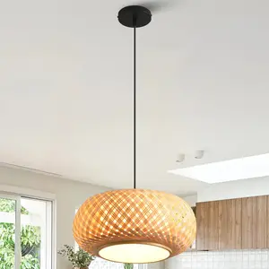16" Yehudi Boho Handwoven Bamboo Pendant Light, Natural Bamboo Island Lighting for Kitchen Island Dining Room