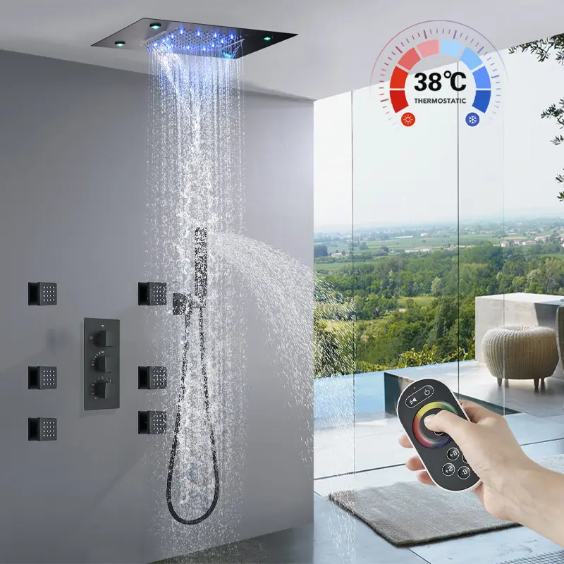 Matte Black Brass Thermostatic Shower Faucet Set - Ceiling-Mounted, LED Waterfall Rain Showerhead, Handheld Showerhead, 6 Full-Body Sprays, ABS Components, 14x20-in/16x32-in (36x50cm/40x80cm) Options, Water Saving, Filtered, Manufacturer Warranty