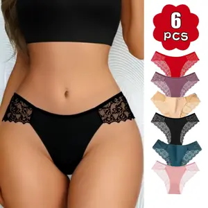 SeamlessLace Women's 6 PCS Contrast Lace Panty Set Assorted Colors Basic Minimalist Cotton Bikini Briefs Comfortable Everyday Lingerie Elegance Pieces Suit Style Elegant Underwear Thongs Period Underwear Womenswear Chic Cute
