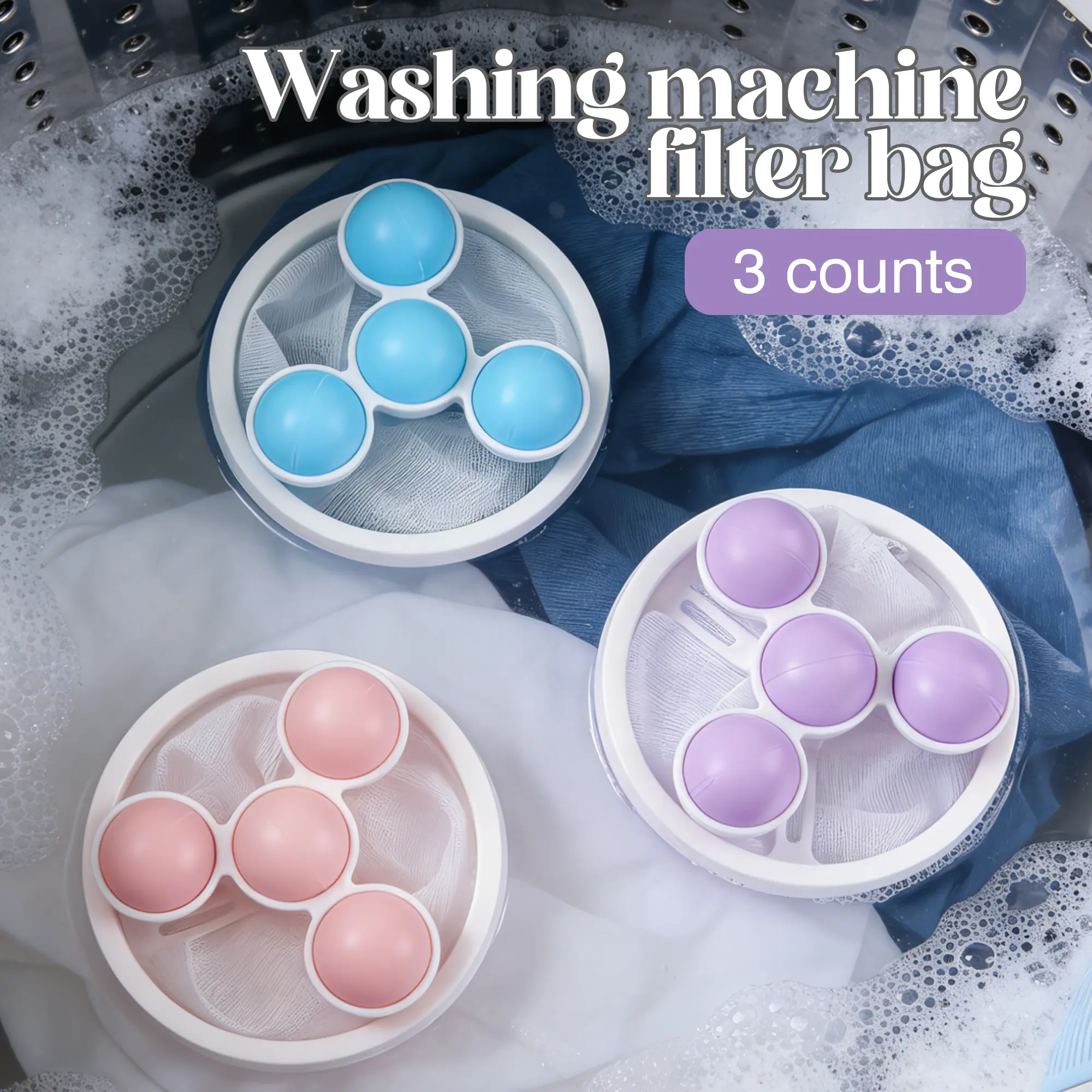 3-Count Ultra-Fine Cotton Durable Washing Machine Hair Filter Mesh Bag, Floating Laundry Accessory, Water-Moving Home Supplies Tool to Capture Rising Hair & Lint