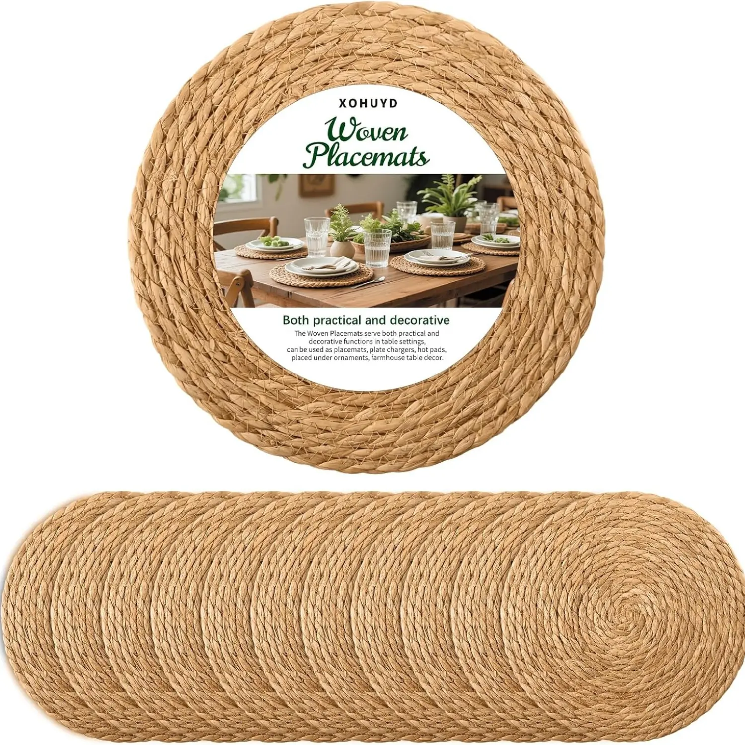 12-Pack 13-in Sturdy Handwoven Natural Stripes Biodegradable Heat-Resistant Circular Rattan Wicker Jute-Braided Placemats & Dinnerware Chargers, Aesthetic Boho Farmhouse Rustic Tableware for Kitchen Dining & Holiday Feasts