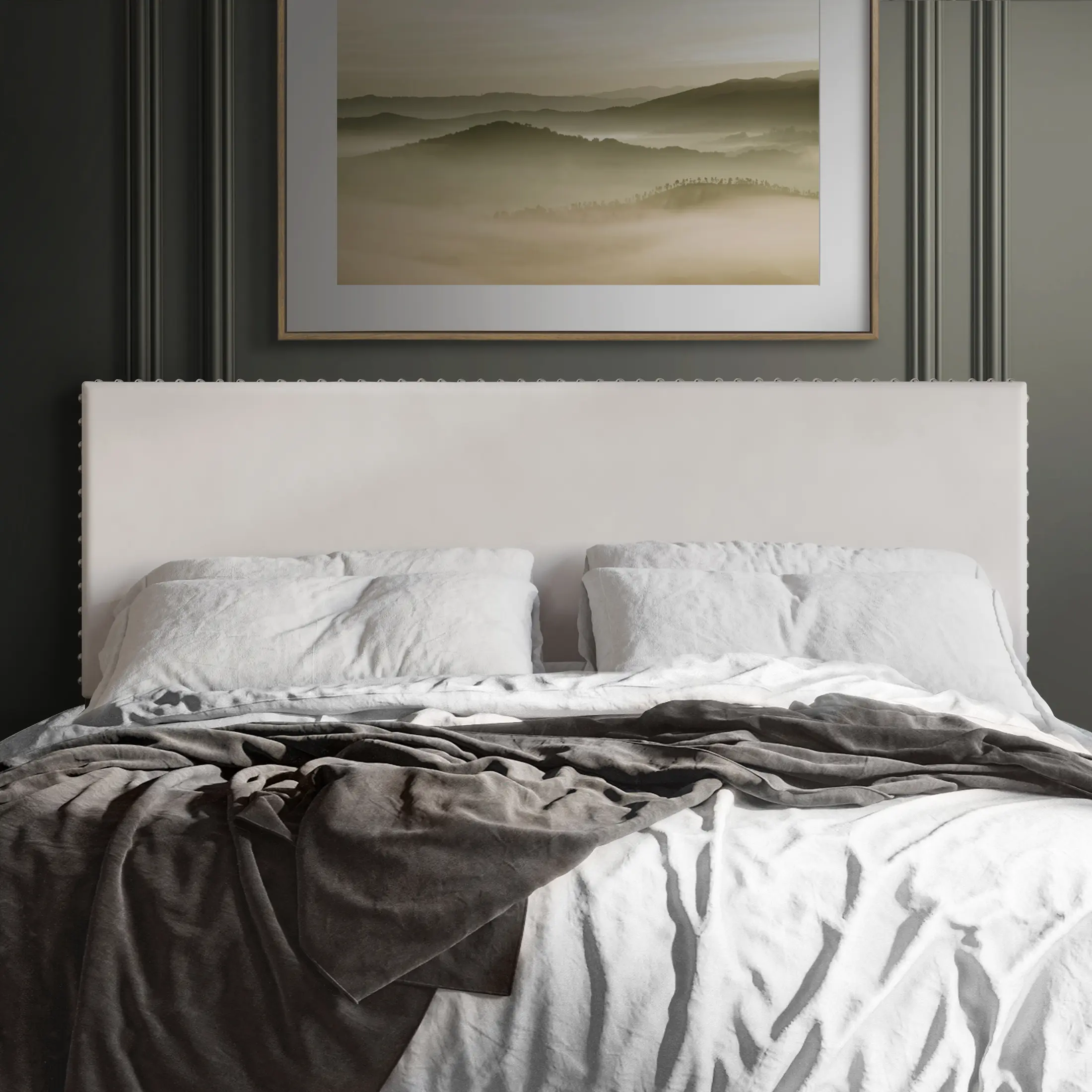 ChaletPosh Serenia Velvet Upholstered Adjustable Headboard with Chrome Nailhead Trim in Elegant Neutral Tones for Modern & Traditional Interiors Easy Installation & Shipping