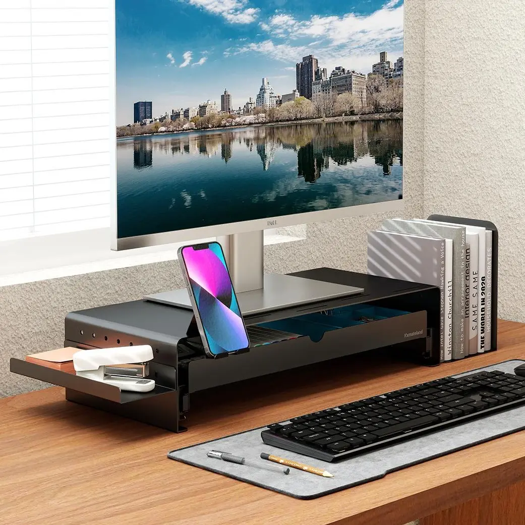 Nxmateland Metal Monitor Stand Riser - Heavy-Duty Steel PC Stand with Phone Holder, Keyboard Storage Shelf, No Assembly, No Tools Required Ergonomic Office Furniture for Laptops, Gaming Station, Neck Pain Relief