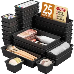 25 PCS 4 Sizes Plastic Drawer Organizers Set, Vanity & Desk Drawer Organizer Trays, Storage Organization for Makeup, Bathroom, Kitchen Utensils and Office (Black)