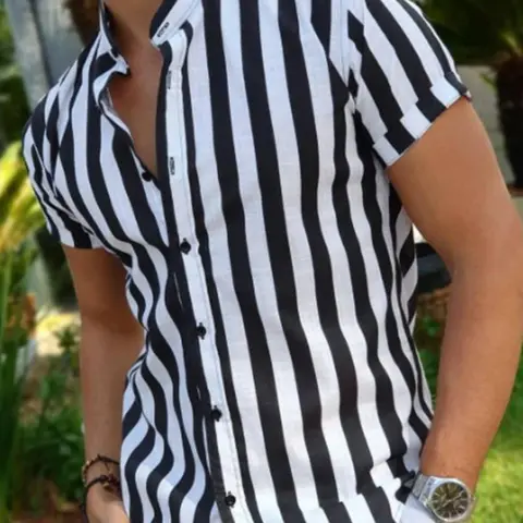 Men's Striped Print Button Front Shirt, Casual Regular Fit Short Sleeve Mock Neck Top for Summer, Menswear for Daily Wear