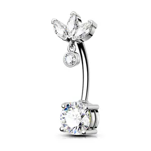 OUFER Dainty Belly Button Ring - Flower Motif Cubic Zirconia Lotus Top with Crystal Accents, Gemstone Piercing Jewelry for Belly Piercing, Belly Button Rings