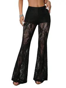 Women's Sexy Floral Lace Flare Pants Hollow Out Sheer Mesh Patchwork Bell Bottom Trousers High Waisted See Through Pants for Club Streetwear