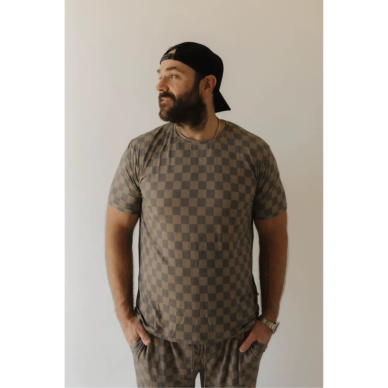 Men's Bamboo Short Sleeve Pajama | Faded Brown Checkerboard