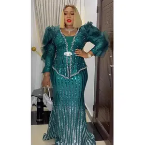 Green Sequin Embellished Ruffle Sleeve Peplum Mermaid Gown, Wedding Guest Dress Plus Size Mother of The Bride Attire Formal Evening Wear Birthday Party Gala Church Anniversary Reception Engagement Ceremony Christmas Holiday Cocktail Dresses for Women