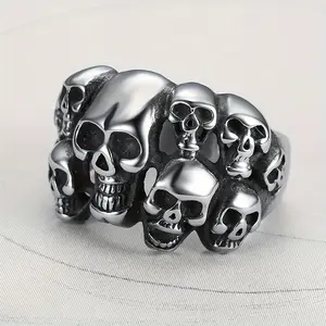 Men's Stainless Steel Multi-Head Skull Ring - Punk Hip Hop Macabre Style Alternative Jewelry, Dark Goth Rings for Nightclub Wear, Stainless Steel Gothic Costume Accessories, Stainless Steel Jewelry