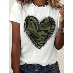 A Casual Short-Sleeve T-Shirt Featuring a Camouflage Heart Graphic, Perfect for Spring And Summer, Designed for Women.