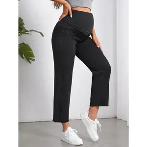 Maternity wide-leg jeans with a raw hem, mid-rise waist, and curvy fit